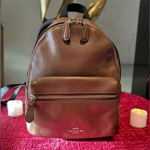COACH Charlie Mini Backpack, Classic Brown, Pebbled Grain Leather
